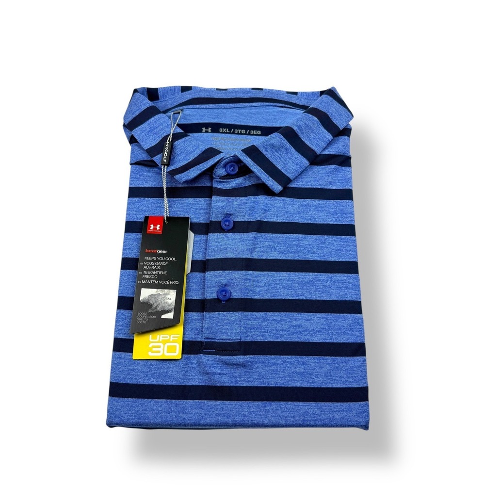 Under Armour Men 3XL Heatgear Playoff Polo Shirt Blue Black Stripe Loose Fit NWT